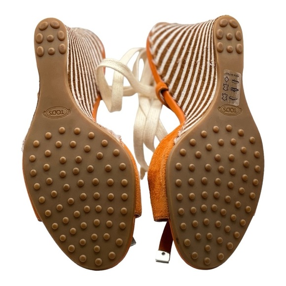 TOD’S Orange & Beige Espadrille Wedge Heels Italian Suede & Patent Leather NWT - Picture 11 of 16